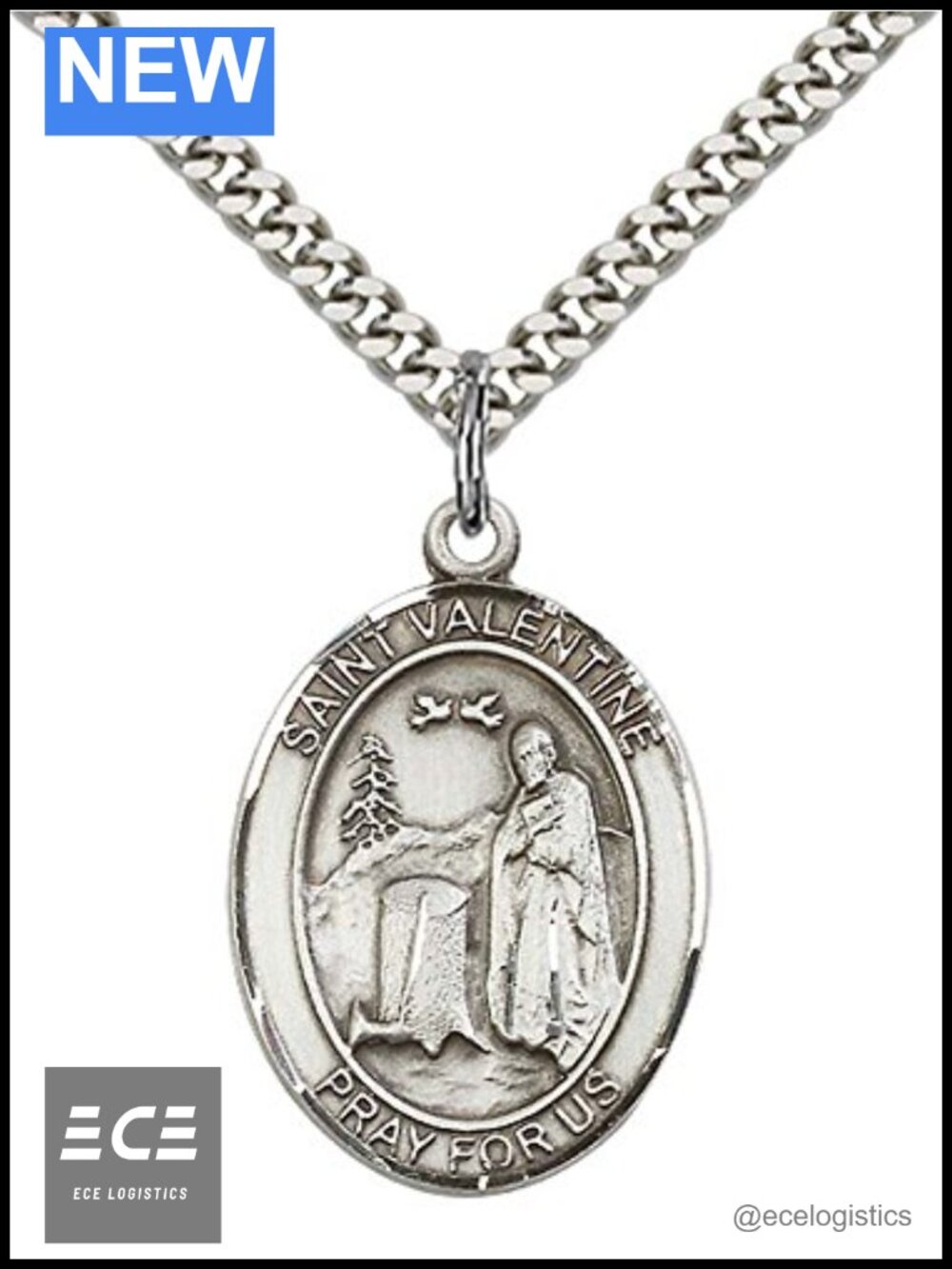 Sterling Silver St. Valentine of Rome Pendant Necklace 24" Curb Chain